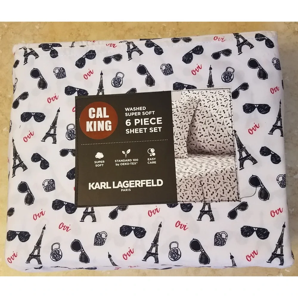 Karl Lagerfeld Paris CAL KING 6pc‎ Sheet Set Soft Black White Eiffel Tower NEW